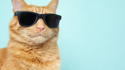 An orange furry cat wearing black sunglasses stands confidently against a light blue background,