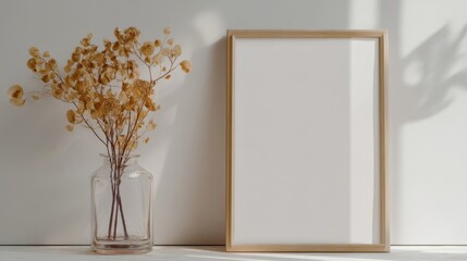Modern minimalist interior with a tall transparent glass vase holding dried flowers and a simple light wood framed mirro