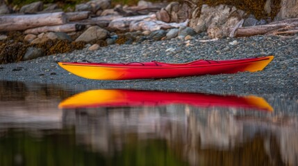 A red kayak with yellow ends rests on calm water,