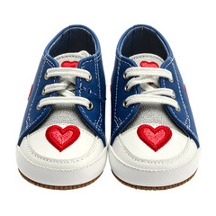 Blue baby shoes with white laces and embroidered red hearts.