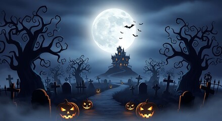 Spooky Halloween haunted house with jack-o'-lanterns under full moon and bats flying in the night sky