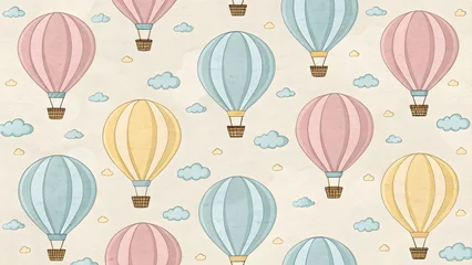Fotobehang Luchtballon Hot Air Balloon Motif Over Pastel Paper Texture. Repeating pastel hot air balloons and tiny clouds over soft paper-texture background.  © Art by ChannaronG