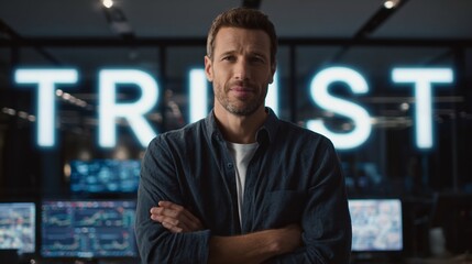 A confident Caucasian man stands with arms crossed in a modern office, showcasing a digital workspace with a focus on the word 'TRUST.'