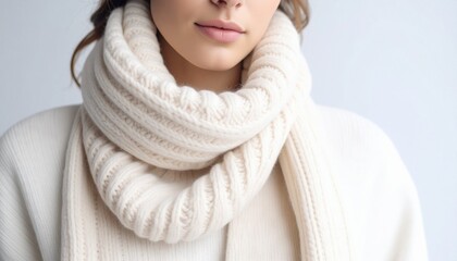 白いニットマフラーを巻いた冬のファッションコーデ1