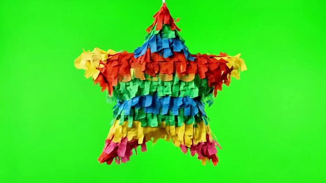 Swinging star pi&ntilde;ata ready for a party on vibrant green screen background, perfect for kids celebration, colorful birthday bash
