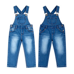 Two denim overalls for children are displayed against a black background.