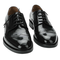 Polished black wingtip oxford shoes are presented on a black background.