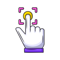 Human Index Finger Pressing a Yellow Button with Pink Square Target Markers Against a Transparent Background in a Digital Interface