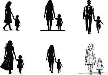 Parent child silhouette vector, walking together illustration, black and white family bond, mother daughter design, father figure art, emotional connection