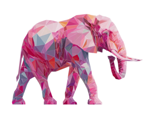 Abstract pink elephant rendered in faceted, geometric, low-poly design