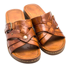 Classic leather slide sandals showcase intricate woven straps and buckle details.