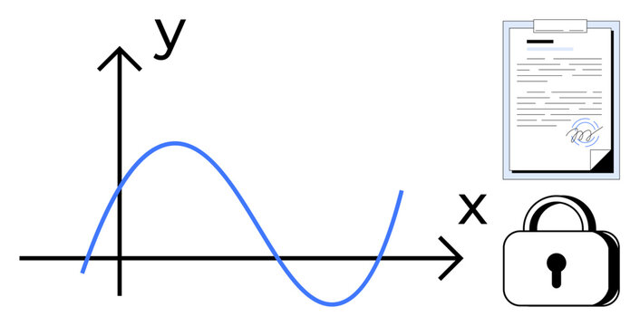 Graph with sine wave, secure document with signature, and closed lock. Ideal for data analysis, cybersecurity, privacy, encryption, compliance research confidentiality concepts. Simple flat