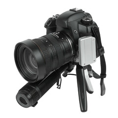 Professional digital camera with lens and tripod on black.