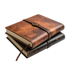 Two vintage leather journals are stacked against a black background.