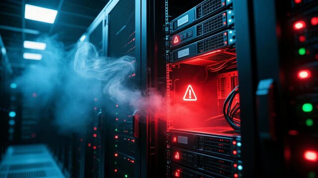 Data center server rack smoke emergency alert red warning light cybersecurity crisis overheating outage failure risk network security alert server