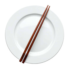 Wooden chopsticks rest on a clean white plate.