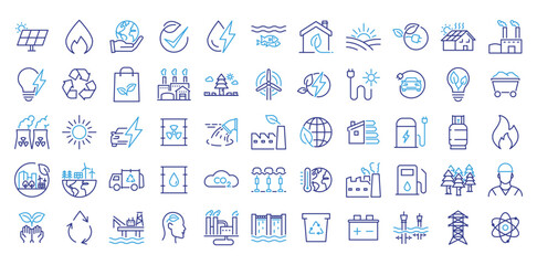 Sustainability and energy icon set. Thin line editable stroke icons for renewable energy, recycling, green industry, eco factories, global warming, environmental protection, and clean technology.