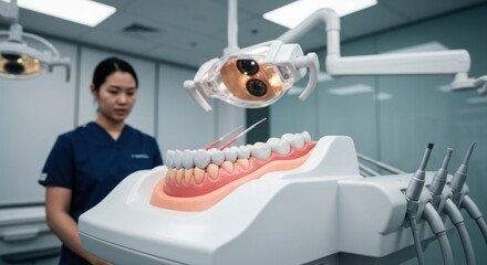 Dental model under light; asian woman looks at it in modern office