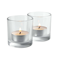 Two lit tea candles in clear glass holders against a dark background.
