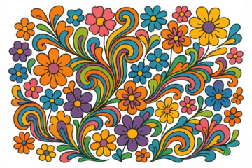 Colorful psychedelic floral pattern with groovy swirls and flowers, retro 60s 70s pop art style, transparent background
