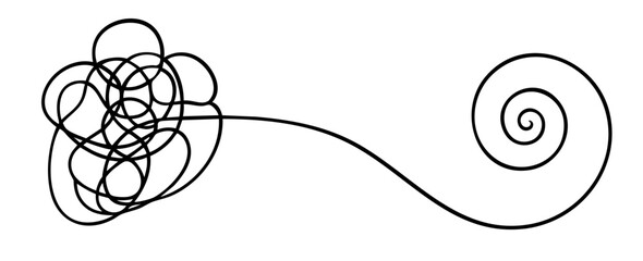 tangled line turning into simple spiral, moving from complexity to simplicity, chaos to clarity