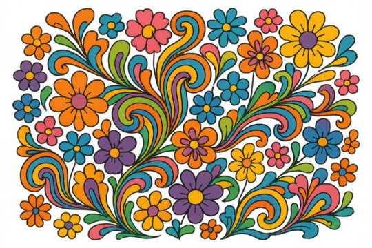 Colorful psychedelic floral pattern with groovy swirls and flowers, retro 60s 70s pop art style, transparent background - Powered by Adobe