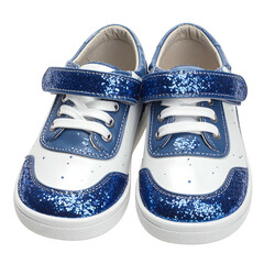 Children's white and blue sparkly sneakers feature velcro straps.
