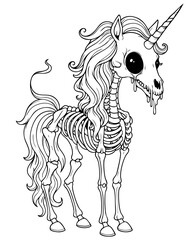 Zombie unicorn skeleton — creepy mythical horse with dripping skull and hollow eyes © OS