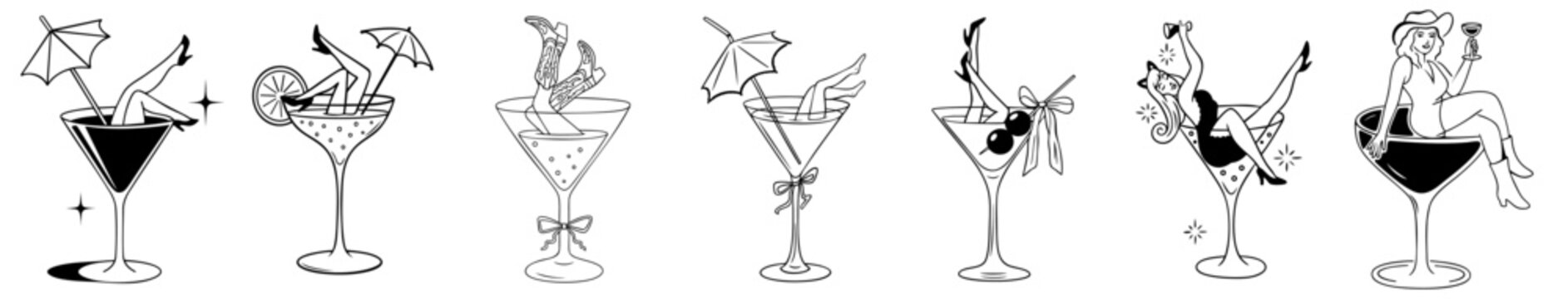 girls in cocktail glasses, women's legs and figures in a martini glass