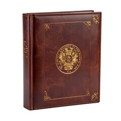Ornate brown leather bound book with golden embossed emblem.