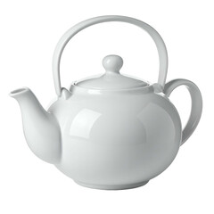 White ceramic teapot with handle and lid on black background.
