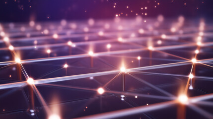 Three-Dimensional Mesh Grid Subtly Illuminated by Starlight, Glowing Nodes at Intersections, Dark Gradient Background with Faint Stars, High-Tech Abstract Network, Depth Layering with Soft Focus Trans