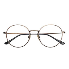 Round metal framed spectacles with clear lenses on black.