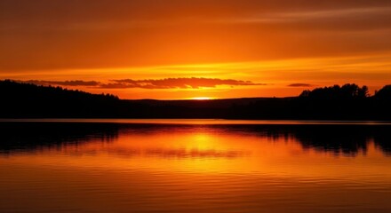 Obraz premium Vivid Orange Sunset Reflecting On A Calm Lake With Silhouetted Trees On The Horizon