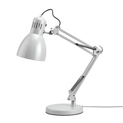 A white adjustable desk lamp is isolated on a black background.