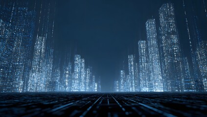 Futuristic cityscape illuminated by glowing digital data streams creating an abstract technological metropolis at night