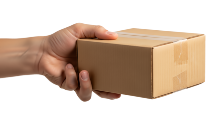 Hand holding a small brown cardboard box isolated on transparent background