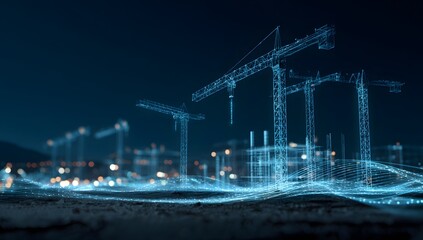 Illuminated construction site at night with towering cranes and glowing blue light trails creating an abstract urban landscape
