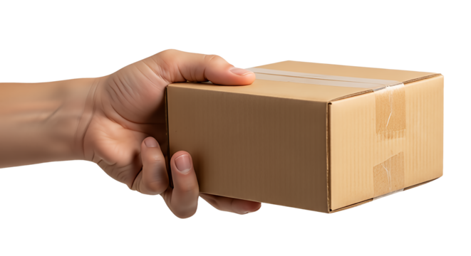 Hand holding a small brown cardboard box isolated on transparent background