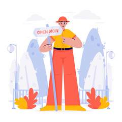 A Man Holding Open Signboard at Outdoor Park Vector Illustration