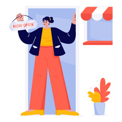 Woman Standing at Store Door Holding Open Sign Vector Illustration