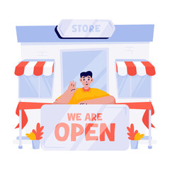 Store Opening Ceremony Preparation Vector Illustration
