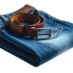 Folded blue denim jeans with a brown leather belt lie on a dark background.