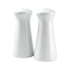 Two white ceramic shakers stand against a black background.
