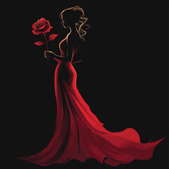 Elegant woman in flowing dress holding a large rose against dark background , vector style simple color