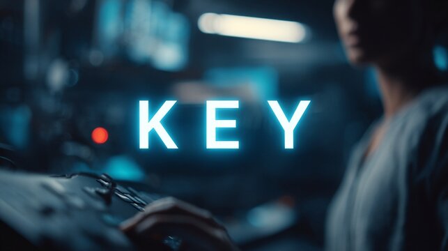 A close-up of a person's hand on a control panel, with the word 'KEY' illuminated in blue light, creating a tech-inspired atmosphere. - Powered by Adobe