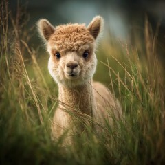 Fototapeta premium Adorable Alpaca Cub in Lush Green Meadow, Natural Portrait.