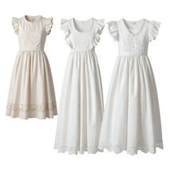 Three elegant dresses with ruffled sleeves and lace trim.