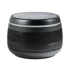 Sleek black cylindrical speaker with textured mesh grille.