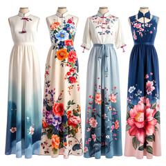 Four long dresses with floral prints and mandarin collars are displayed.